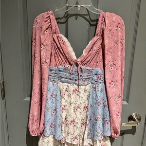 Floral Patchwork Romper- Pink, Blue, and Cream